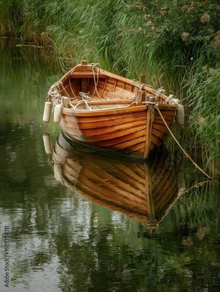 Fototapeta Wooden boat floats near tall grass. Its reflection shines on calm water.