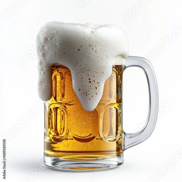Obraz Close up of a frothy beer mug filled with golden lager, overflowing with foam, transparent glass handle on a plain white background, refreshing drink