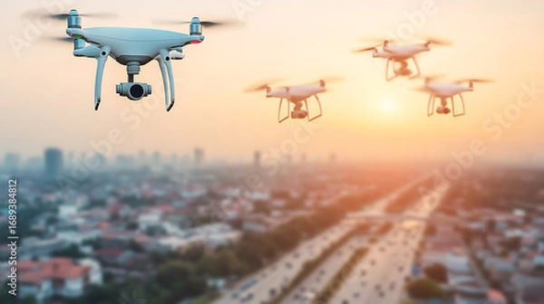 Obraz Drones Hovering Over Urban Landscape at Sunset