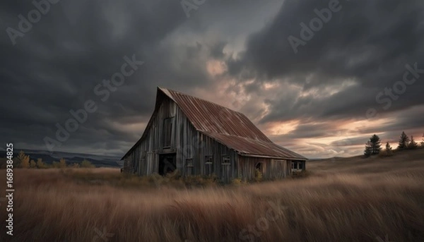 Fototapeta Old barn stands alone in a field. Dark clouds gather above at dusk.