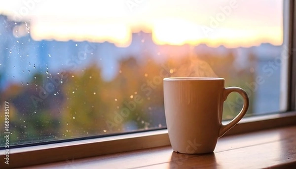 Obraz Warm coffee by window at sunrise