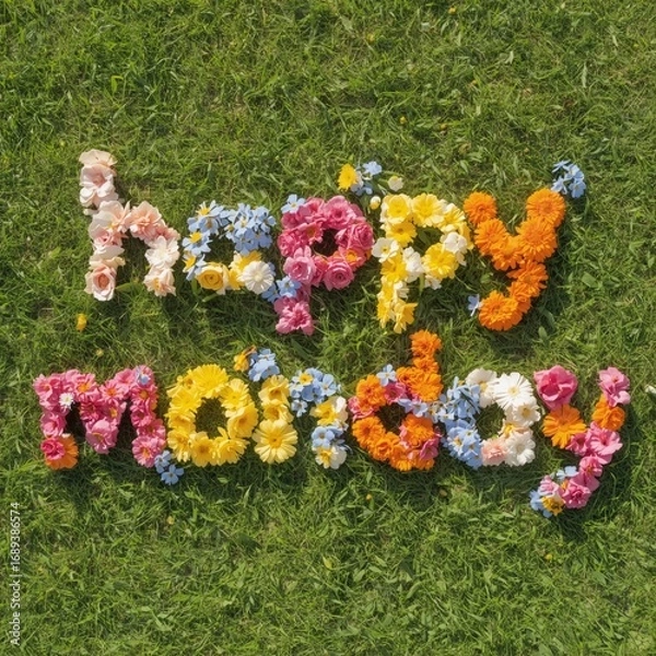 Fototapeta word " Happy Monday" made with flowers. floral background. spring flowers. spring flowers in the garden