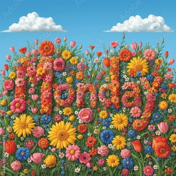 Fototapeta word "Monday" made with flowers. floral background. spring flowers. spring flowers on the meadow