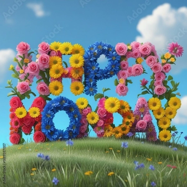 Fototapeta word " Happy Monday" made with flowers. floral background. spring flowers in grass.