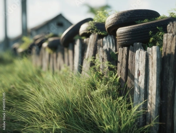 Fototapeta Old wooden fence is topped with tires. Green grass grows along the bottom.