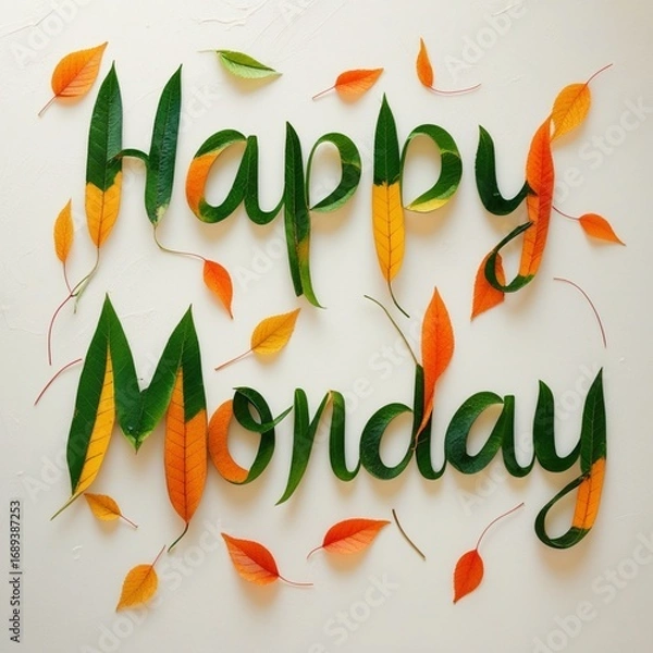 Fototapeta word "Happy Monday" written with leaves. Monday vibes.
