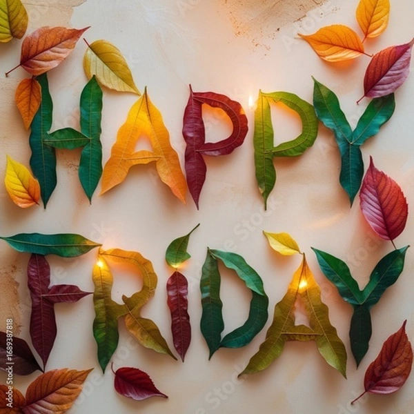 Fototapeta word "Happy Friday" written with leaves. Monday vibes.