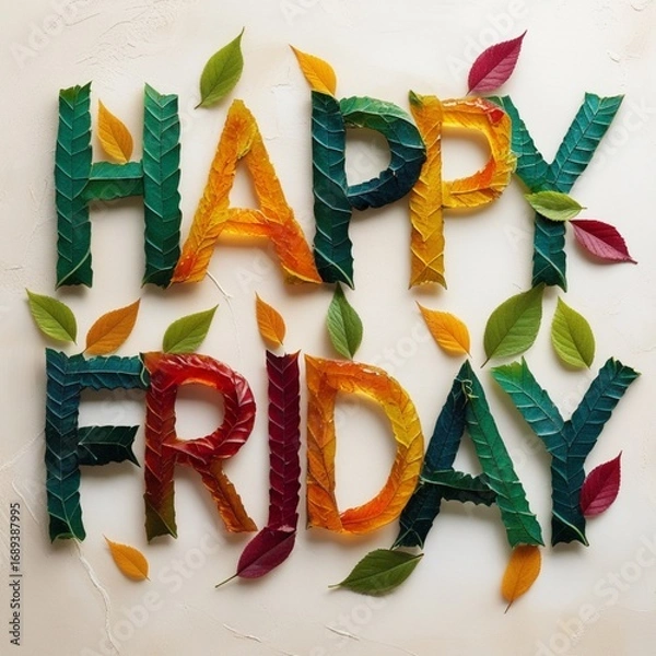 Fototapeta word "Happy Friday" written with leaves. Monday vibes.