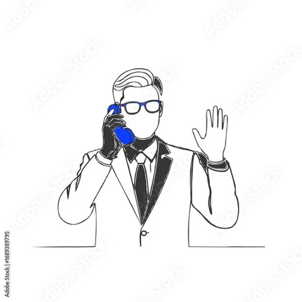 Fototapeta Sleek continuous line art of a professional man with blue glasses and phone, making a call and waving, representing modern business communication, connection, and greeting