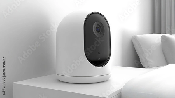 Obraz Modern Security Camera on Nightstand in Minimalist Bedroom