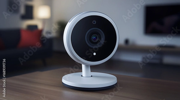 Obraz Modern Indoor Security Camera on Wooden Table in Living Room