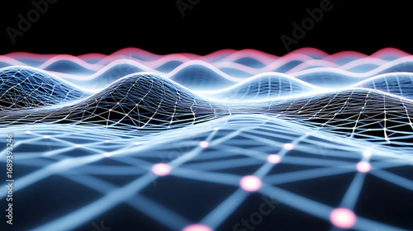Obraz Abstract Digital Landscape with Wavy Patterns and Connected Nodes