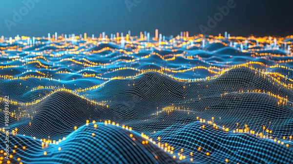 Obraz Digital Wave Landscape with Glowing Nodes and Connections