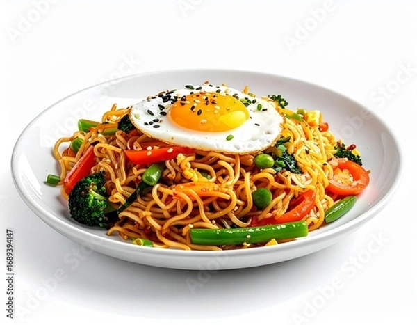 Fototapeta A plate of fried noodles with vegetables, topped with a sunny-side-up egg and sesame seeds for a perfect meal.

