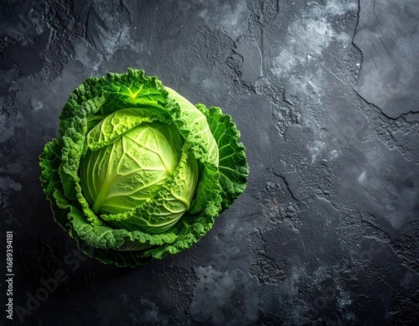 Fototapeta Top view of fresh green cabbage on dark textured concrete surface, rustic minimal style, vibrant leafy texture, healthy organic food concept.