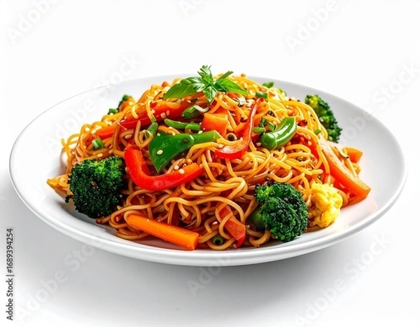 Fototapeta Stir-fried noodles with broccoli, beans, peppers, served on a white plate with a fresh look.
