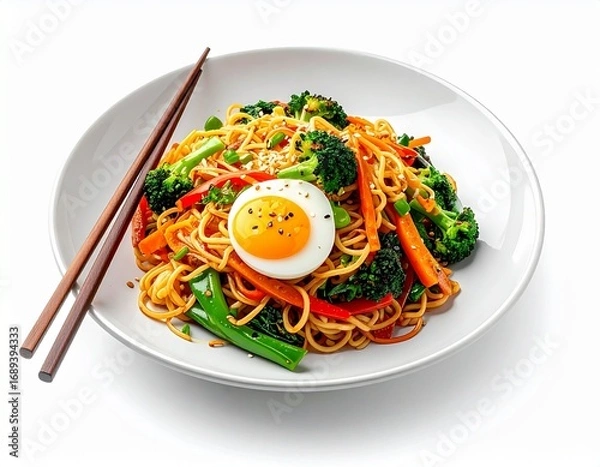 Fototapeta stir-fried noodles mixed with fresh vegetables like broccoli, beans, peppers, and peas, seasoned with spices and sesame seeds for a vibrant and flavorful meal.
