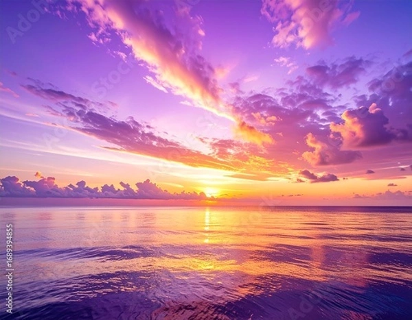 Fototapeta A stunning purple and orange sunset over the calm ocean, with soft clouds painted in vibrant hues and a glowing sun reflecting on the gentle waves.

