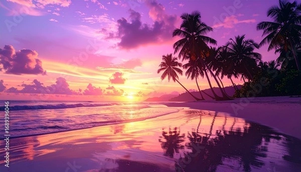 Fototapeta Beautiful tropical beach at purple sunset with palm trees and golden sunlight reflecting on calm waves. A peaceful and dreamy seaside paradise landscape.