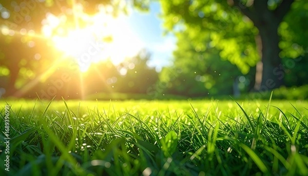 Fototapeta Green grass field with morning sunlight and blurred trees in background, natural summer landscape with bright and fresh greenery.