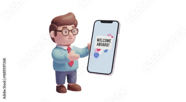 Fototapeta A friendly 3D cartoon businessman holding a smartphone with a 'Welcome Aboard' message, illustrating digital employee onboarding and team integration