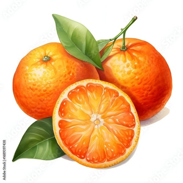 Obraz The illustration shows two whole oranges and one orange segment, along with some green leaves, all on a white background.
