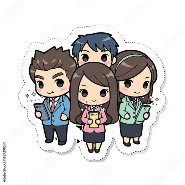 Fototapeta Dynamic cartoon business team in a collaborative huddle, professional colleagues working together with modern technology