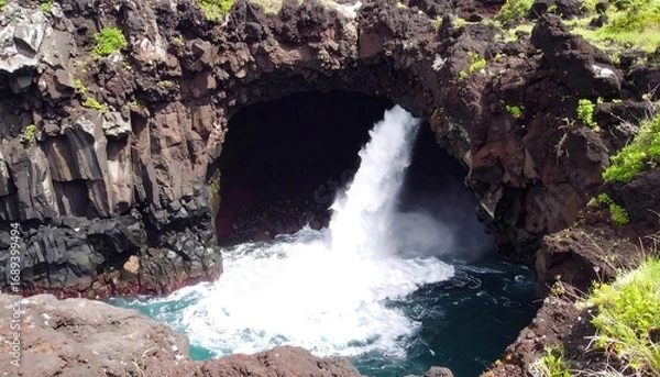 Obraz Volcanic cave opening into churning ocean