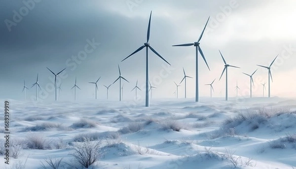 Fototapeta A futuristic wind farm with multiple turbines stands tall in a vast, snowy winter landscape, generating clean, renewable energy for a sustainable future