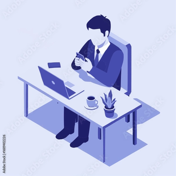 Fototapeta Isometric illustration of a professional businessman sitting at a modern office desk, multitasking with a laptop and smartphone for corporate work