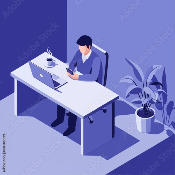 Fototapeta Vector graphic of three cheerful office workers, two women and a man, engaged in conversation on retro phones in a dynamic pop art style