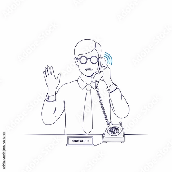 Fototapeta Professional businessman manager providing excellent customer service support, talking on a retro telephone and waving hello in a line art drawing