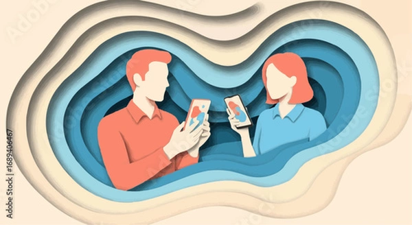 Fototapeta Couple interacting on social media with smartphones, depicted in a modern, layered paper art illustration for communication concepts
