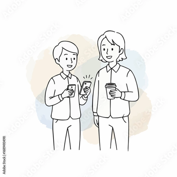 Fototapeta Two people discussing content on a smartphone while on a coffee break. A simple line art illustration showing modern communication