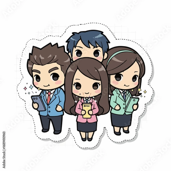 Fototapeta A charming illustration of a diverse and dynamic business team working together, showcasing modern professional collaboration in a cute chibi art style