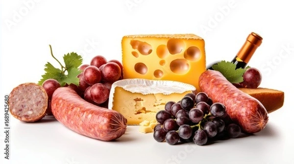 Obraz Assorted traditional dairy and meat products including cheese grapes sausage and wine isolated on white background with detailed textures and vibrant colors