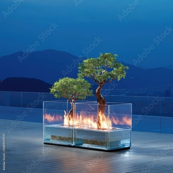 Fototapeta Bonsai and Fire Table at Twilight