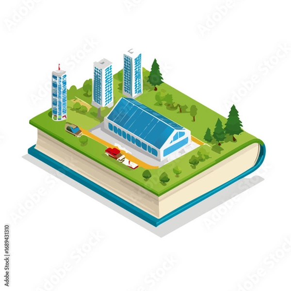 Obraz Eco friendly city on book illustration featuring solar panels buildings trees and vehicles demonstrating sustainability urban planning