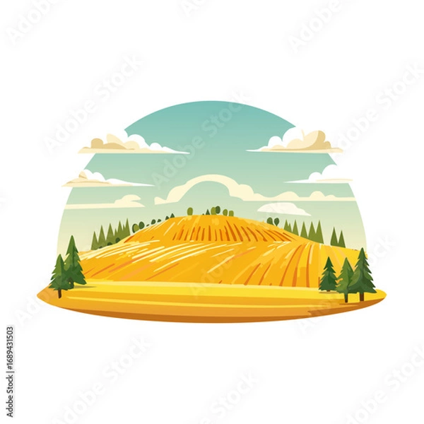 Fototapeta Cartoon Landscape of Golden Wheat Field with Trees and Cloudy Sky Sunny Farmland Scenery Countryside Harvest Illustration