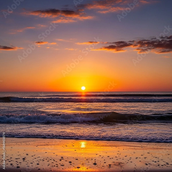 Obraz Stunning golden sunset reflecting on ocean waves creating a peaceful and tranquil beach scene
