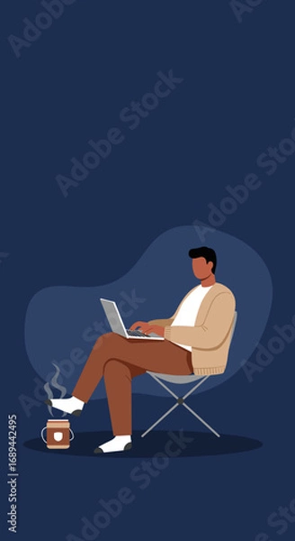 Obraz Man working remotely on a laptop in a comfortable setting with a hot drink. Represents flexible work, online learning, and digital productivity.