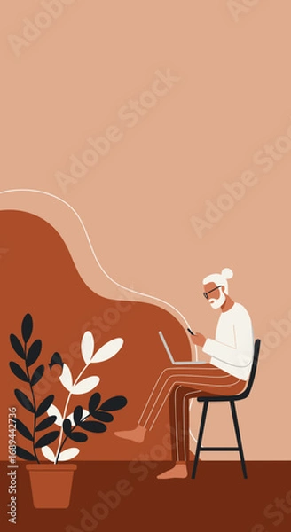 Obraz Modern man with a beard and bun works remotely on his laptop and smartphone, embodying freelance lifestyle, digital communication, and productivity.