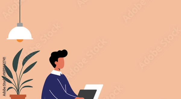 Obraz Man working efficiently on a laptop in a modern home office setting, representing remote work, productivity, and online education.