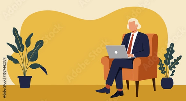 Obraz Professional senior man working remotely on a laptop from a comfortable armchair, embodying productivity and modern business lifestyle.