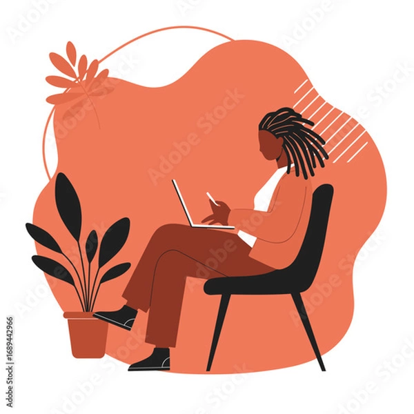 Obraz Focused Black woman working remotely with laptop and smartphone, embodying productivity and modern professional lifestyle in a minimalist setting.
