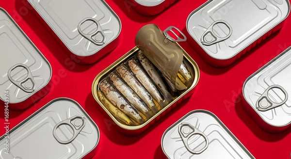 Fototapeta Open can of sardines among many closed cans on red background