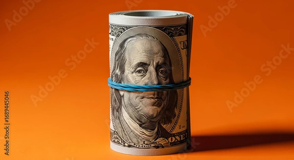 Fototapeta Roll of one hundred dollar bills on orange background with rubber band