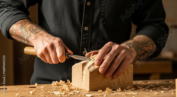 Fototapeta Carpenter carving wood with chisel in workshop