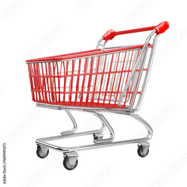 Fototapeta Miniature shopping cart model with red handle isolated on a transparent background