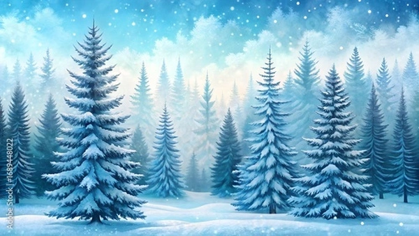 Obraz Snowy evergreen forest with snow falling gently, creating a serene winter wonderland landscape
